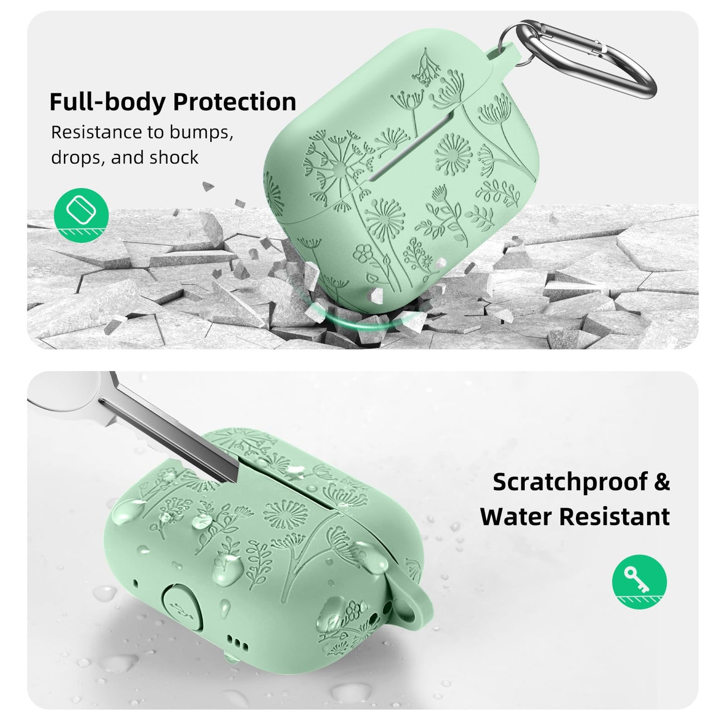 Lerobo Capa Floral Silicone para AirPods Pro 2ª/1ª Geração com Mosquetão (Verde Grama)