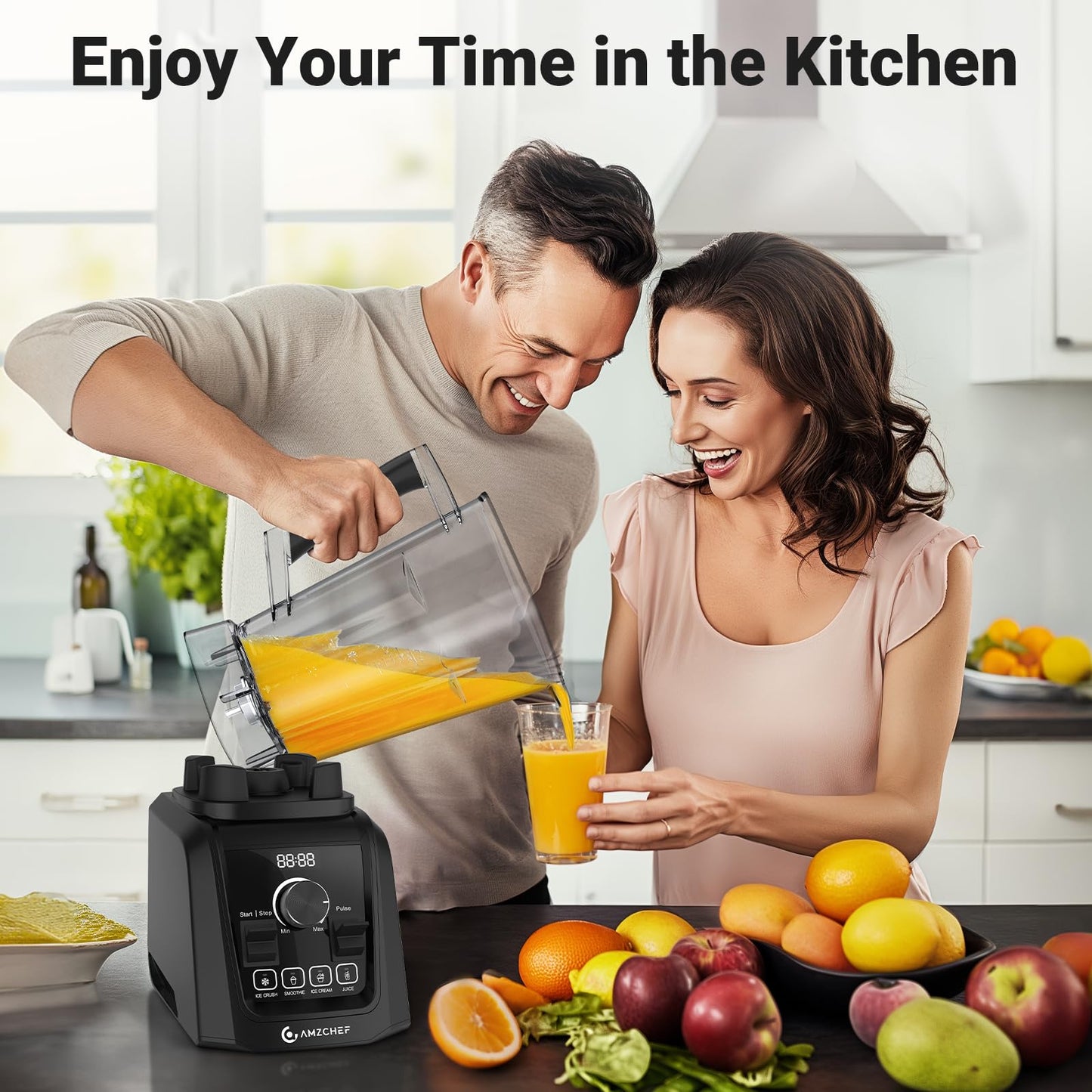 Amzchef Liquidificador 1200W com 4 Menus e Velocidade Variável (Preto)