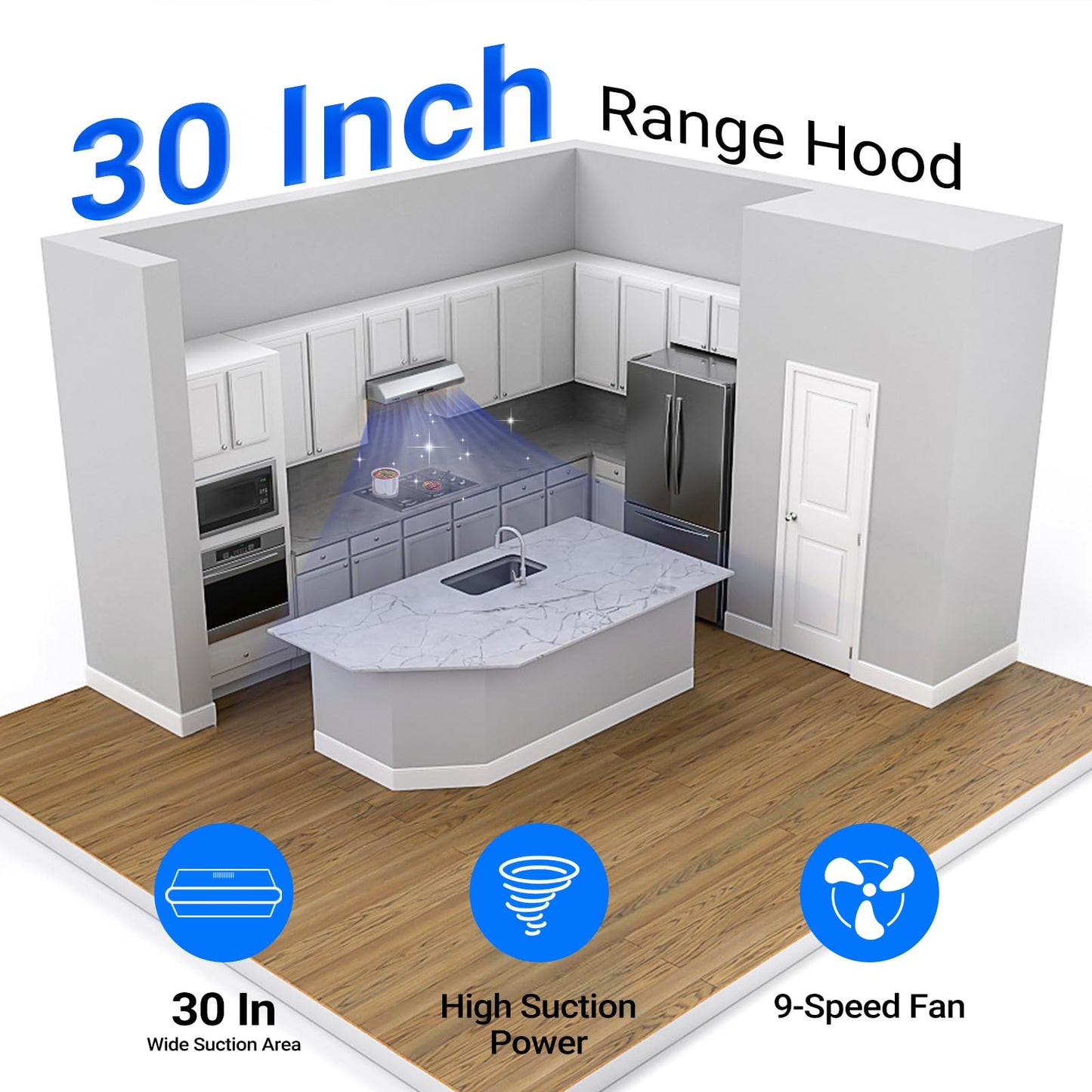 Coifa AMZCHEF de Embutir 30" com 900 CFM e Ventilador de 9 Velocidades (Inox)