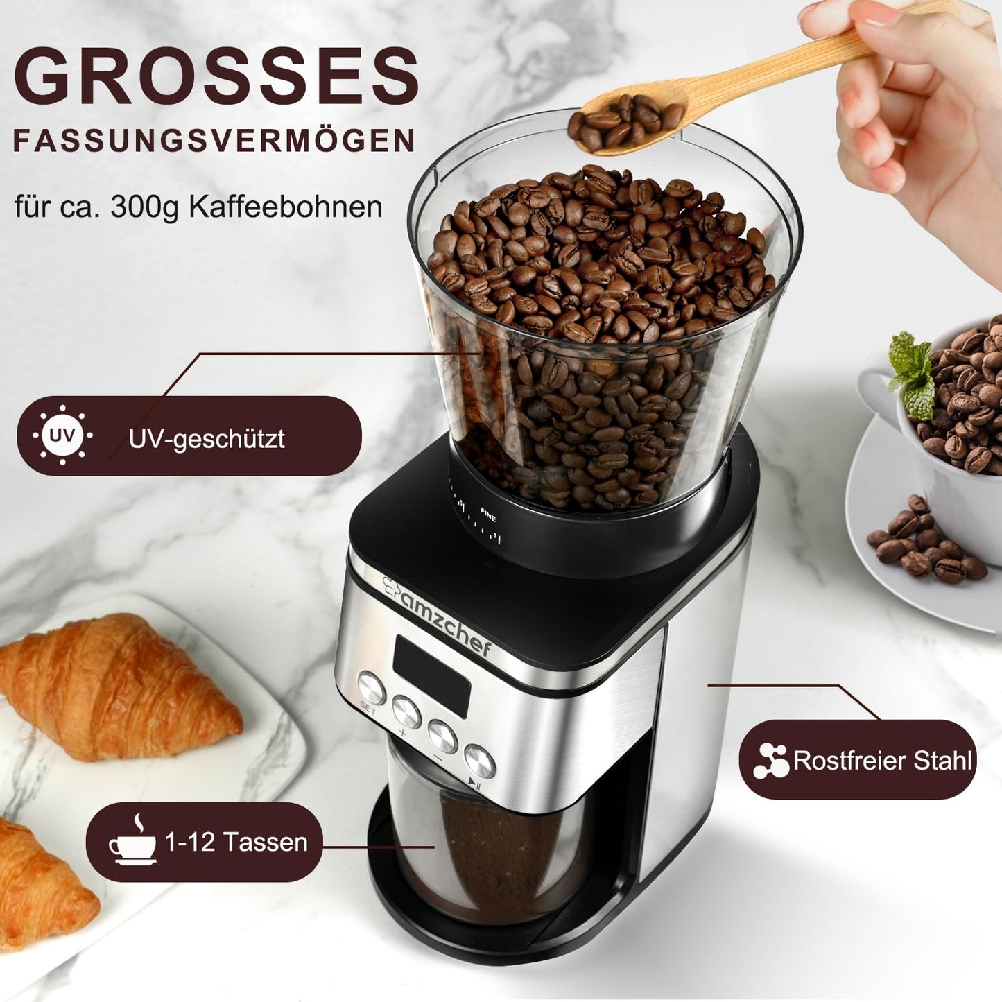 Moedor de Café AMZCHEF com 30 Ajustes de Precisão e Display Digital (Prata)