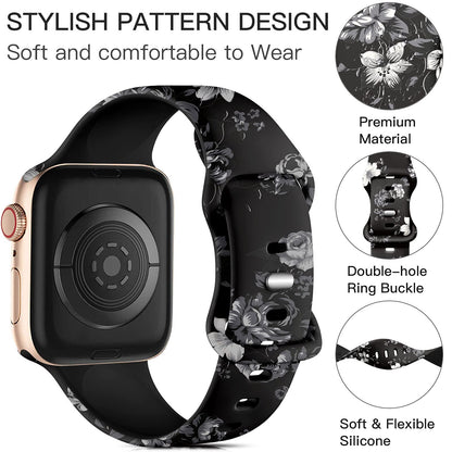 Lerobo Pulseira Floral de Silicone para Apple Watch, 38-49mm (Rosas negras)