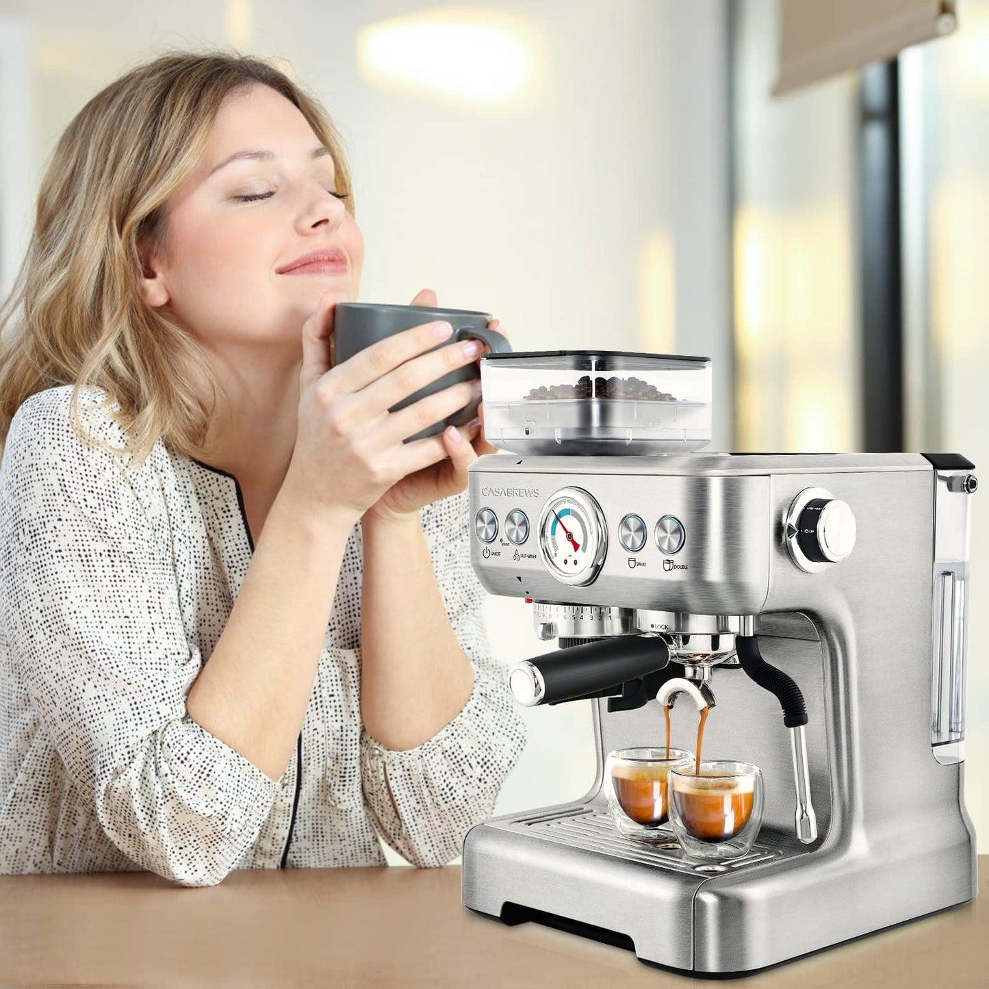 CASABREWS Máquina de Espresso com Moedor e Vaporizador de Leite (Prata)