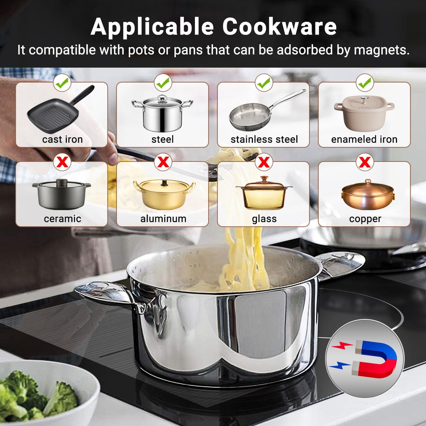 Cooktop AMZCHEF Indução 36" Embutido, 10800W, 5 Zonas e Função Boost