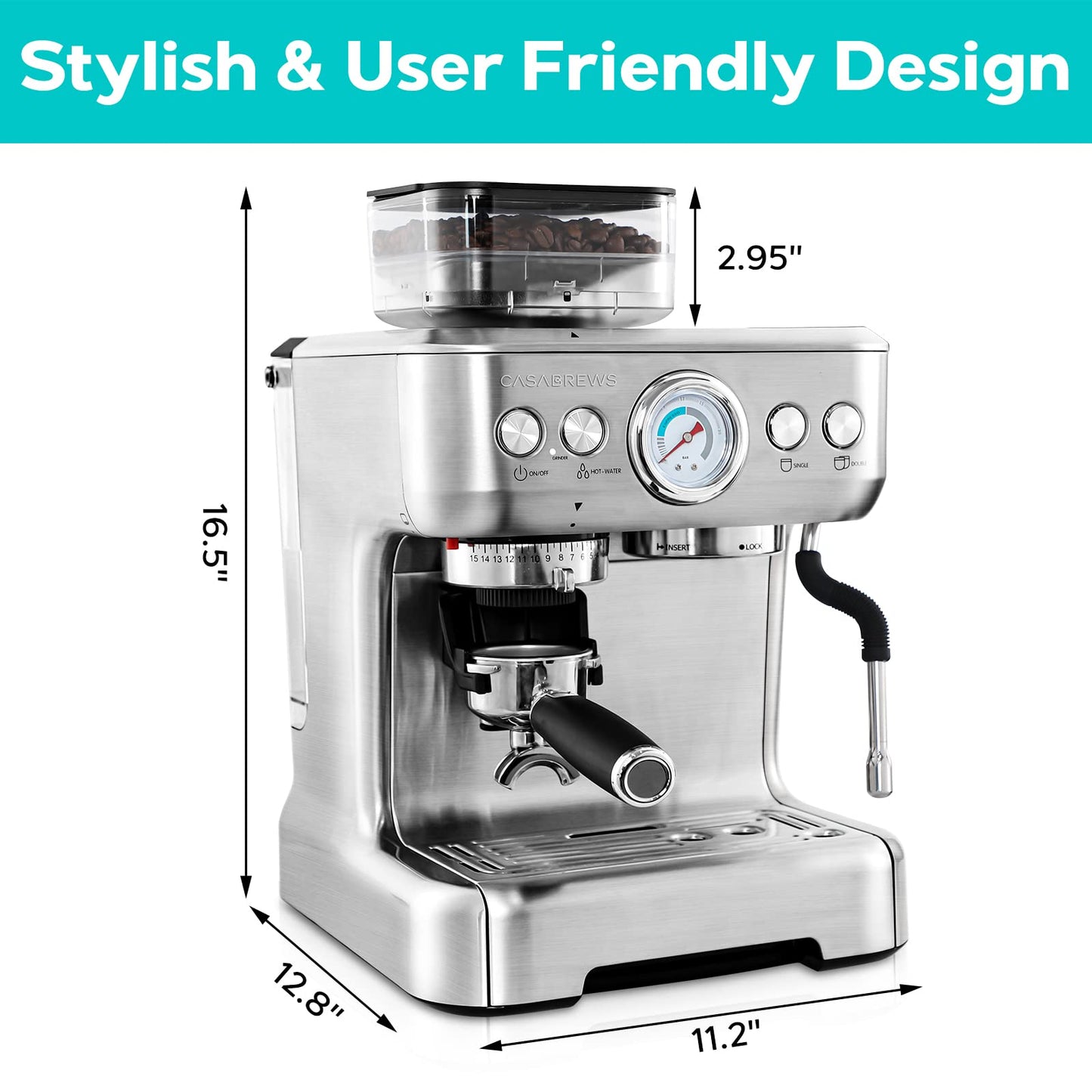 CASABREWS Máquina de Espresso com Moedor e Vaporizador de Leite (Prata)