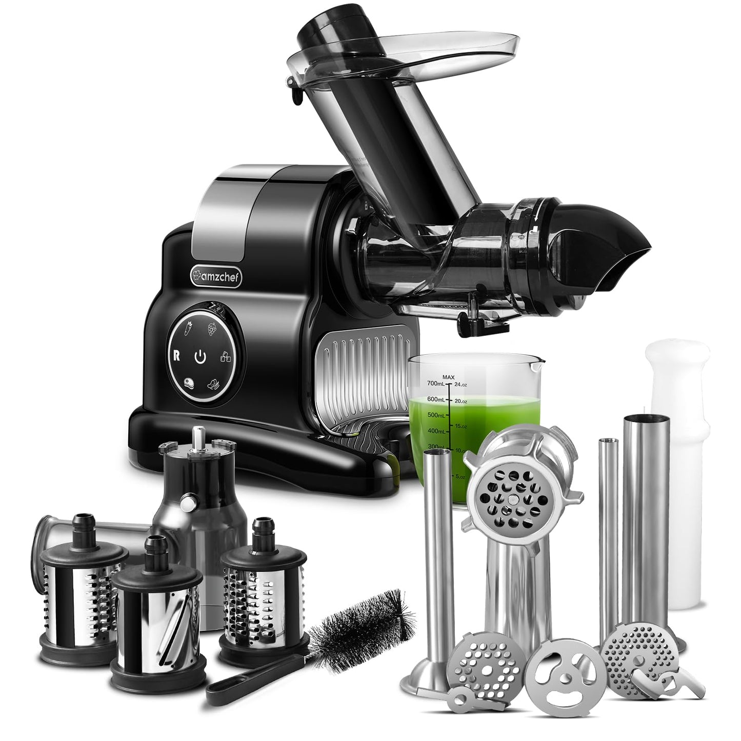 AMZCHEF Juicer Cold Press 5 em 1 com Moedor de Carne (Preto Carvão)
