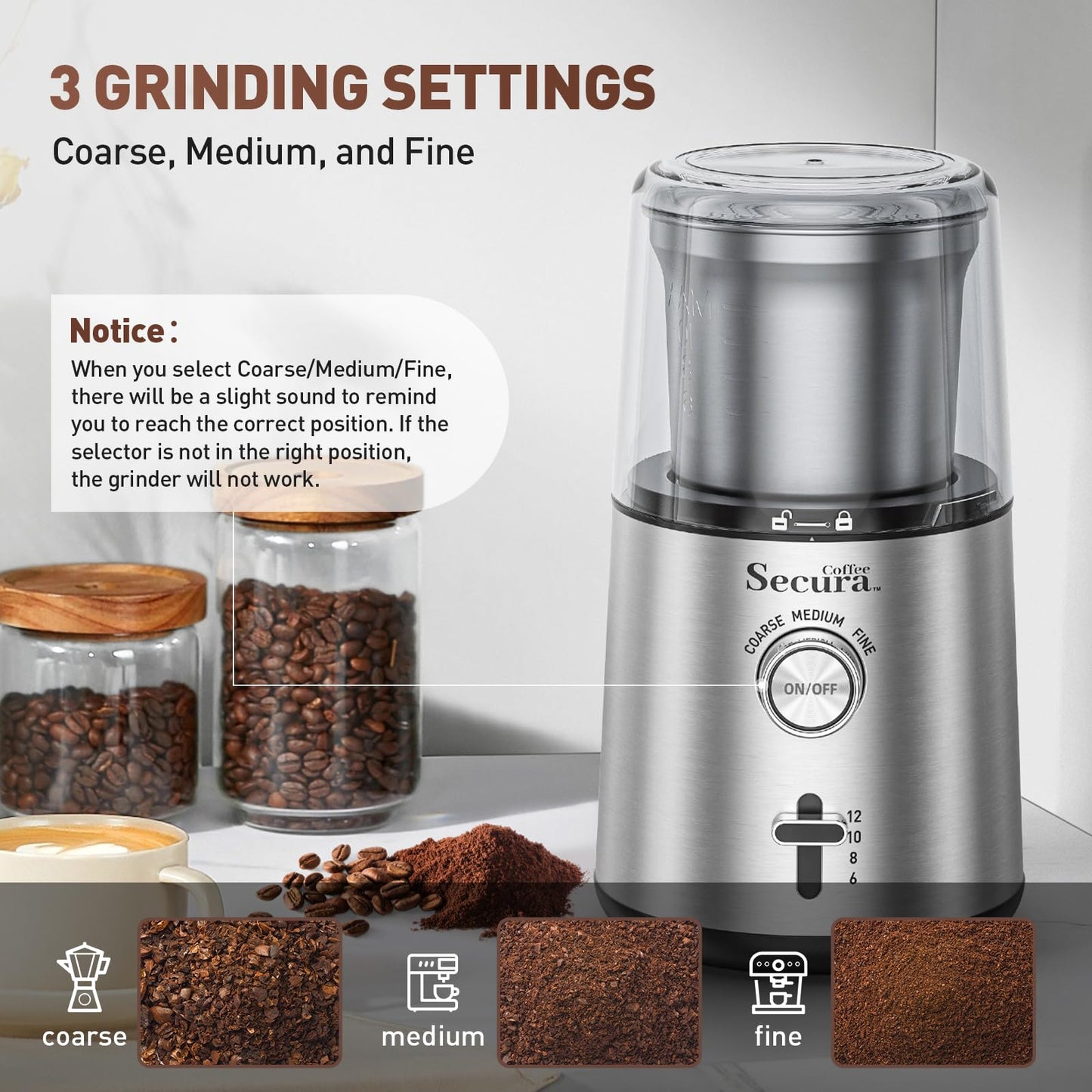Secura Moedor Elétrico de Café e Temperos com Ajustes e Lâminas Inox
