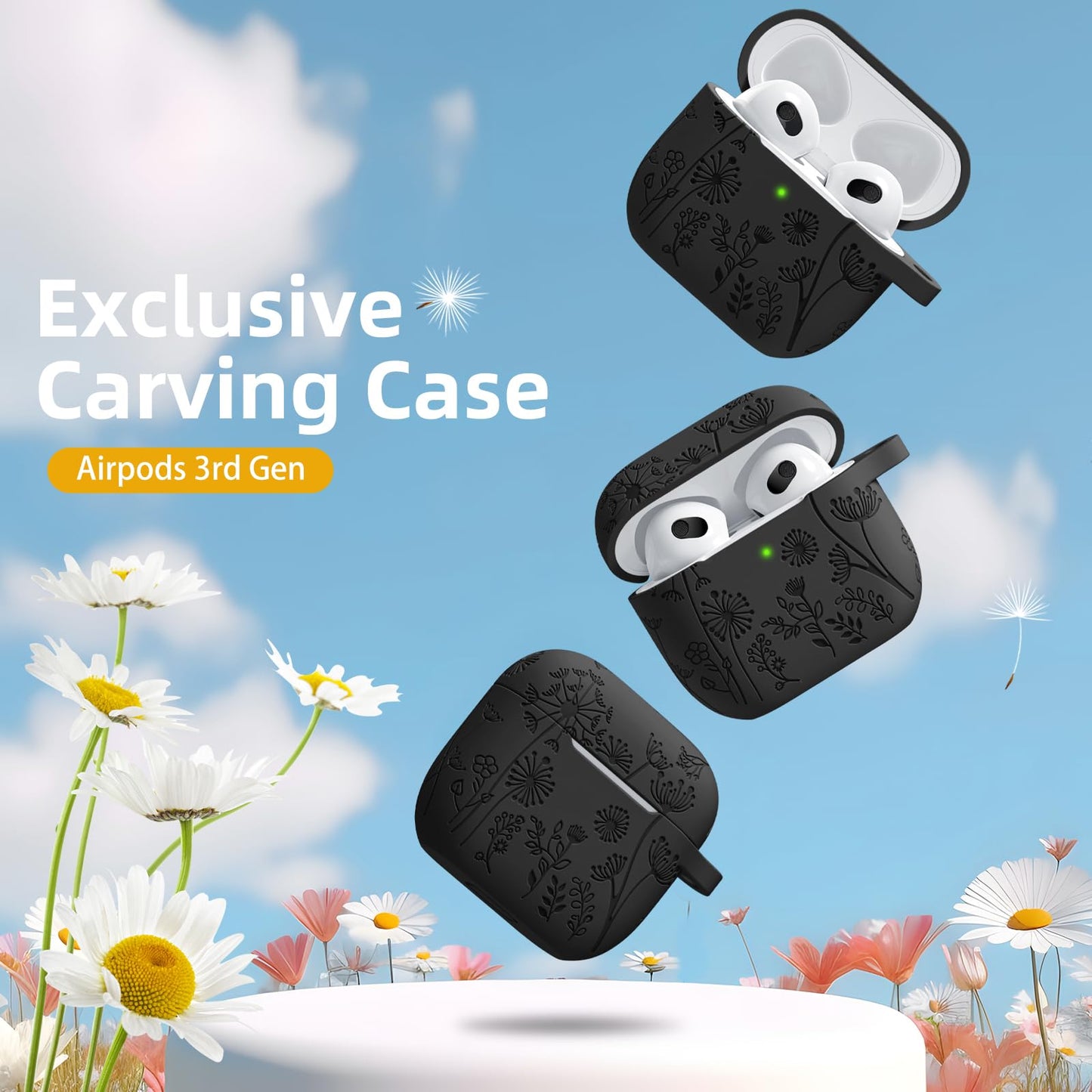 Lerobo Capa com Flores Gravadas Compatível com AirPods 3ª Geração (Preto)