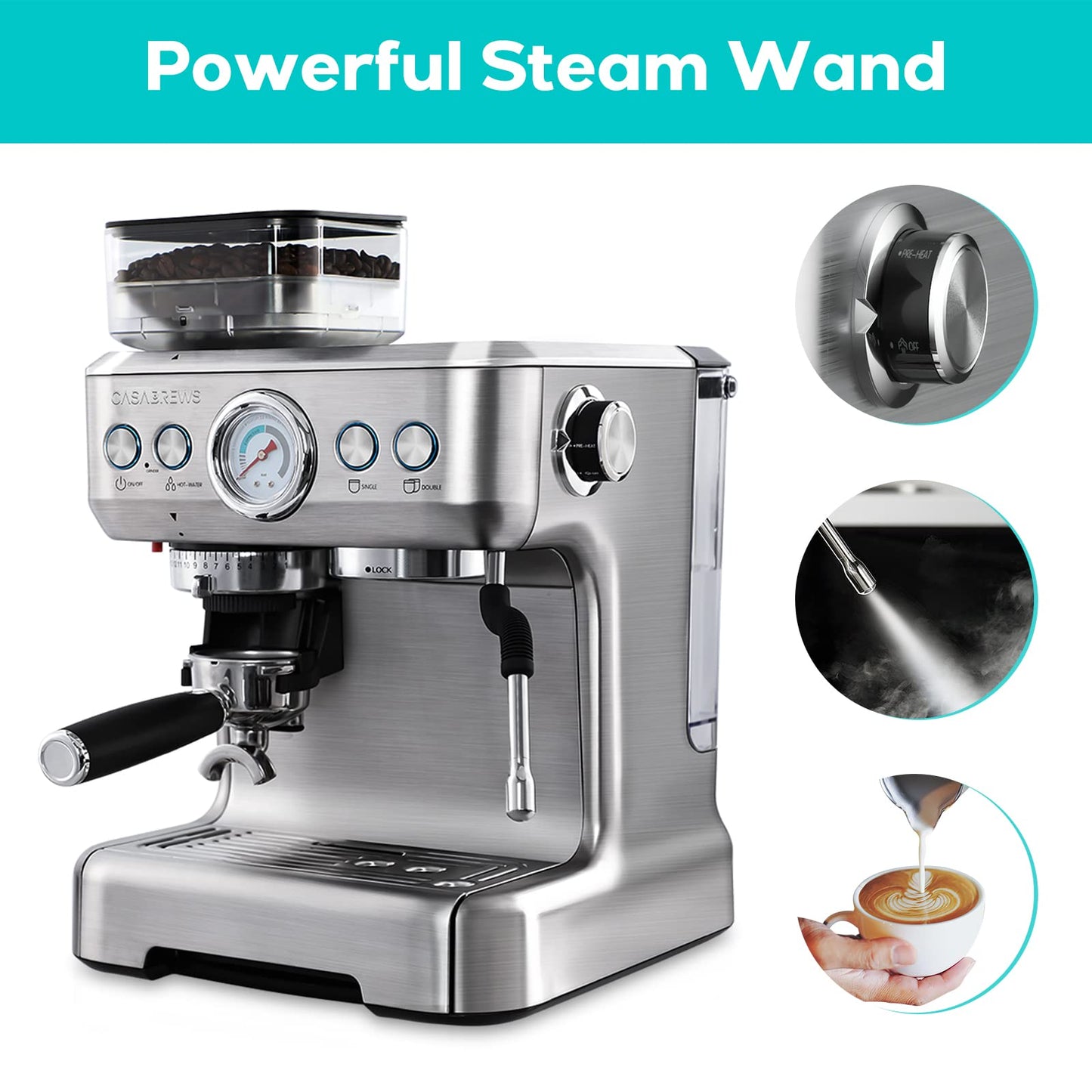 CASABREWS Máquina de Espresso com Moedor e Vaporizador de Leite (Prata)