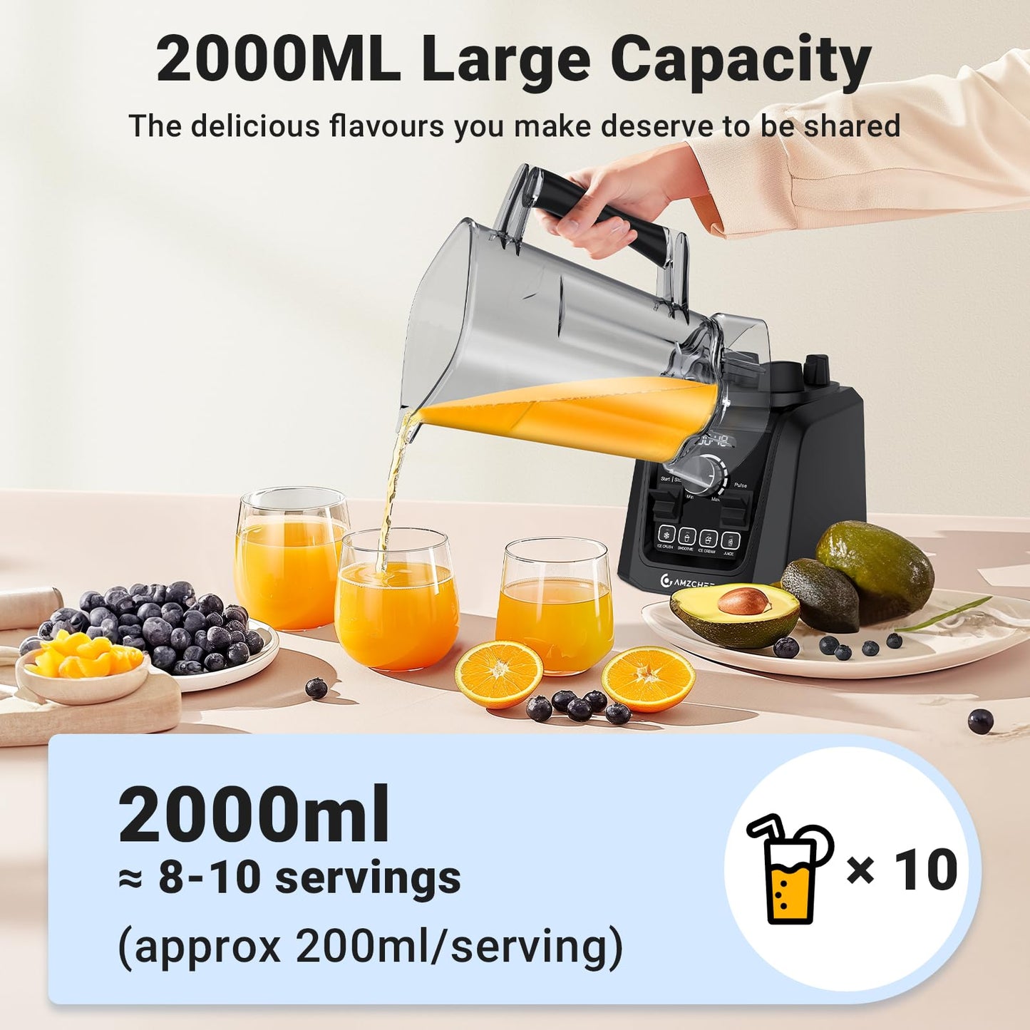 Amzchef Liquidificador 1200W com 4 Menus e Velocidade Variável (Preto)