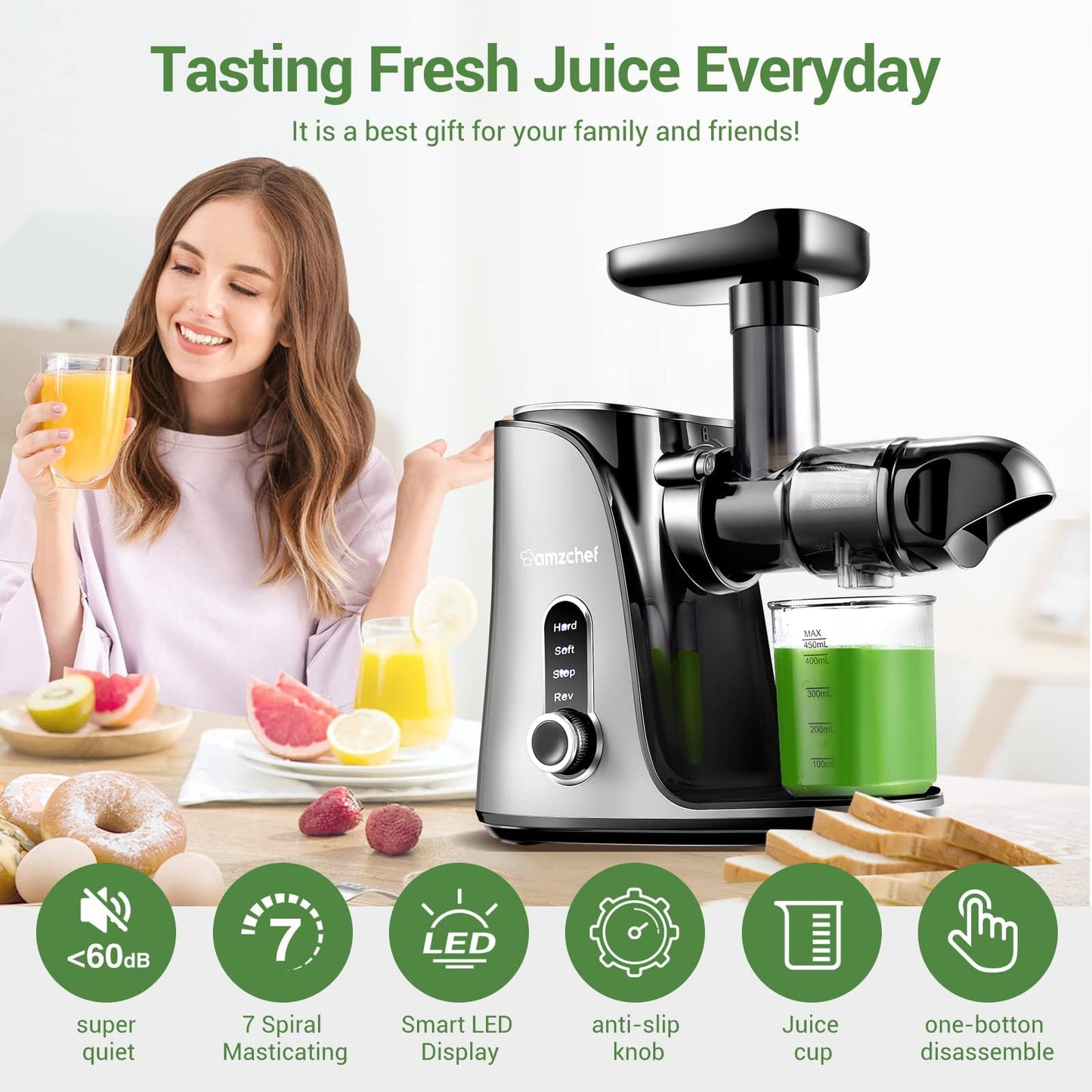 AMZCHEF Juicer Cold Press com 2 Modos e Garrafa 500ML (Cinza)