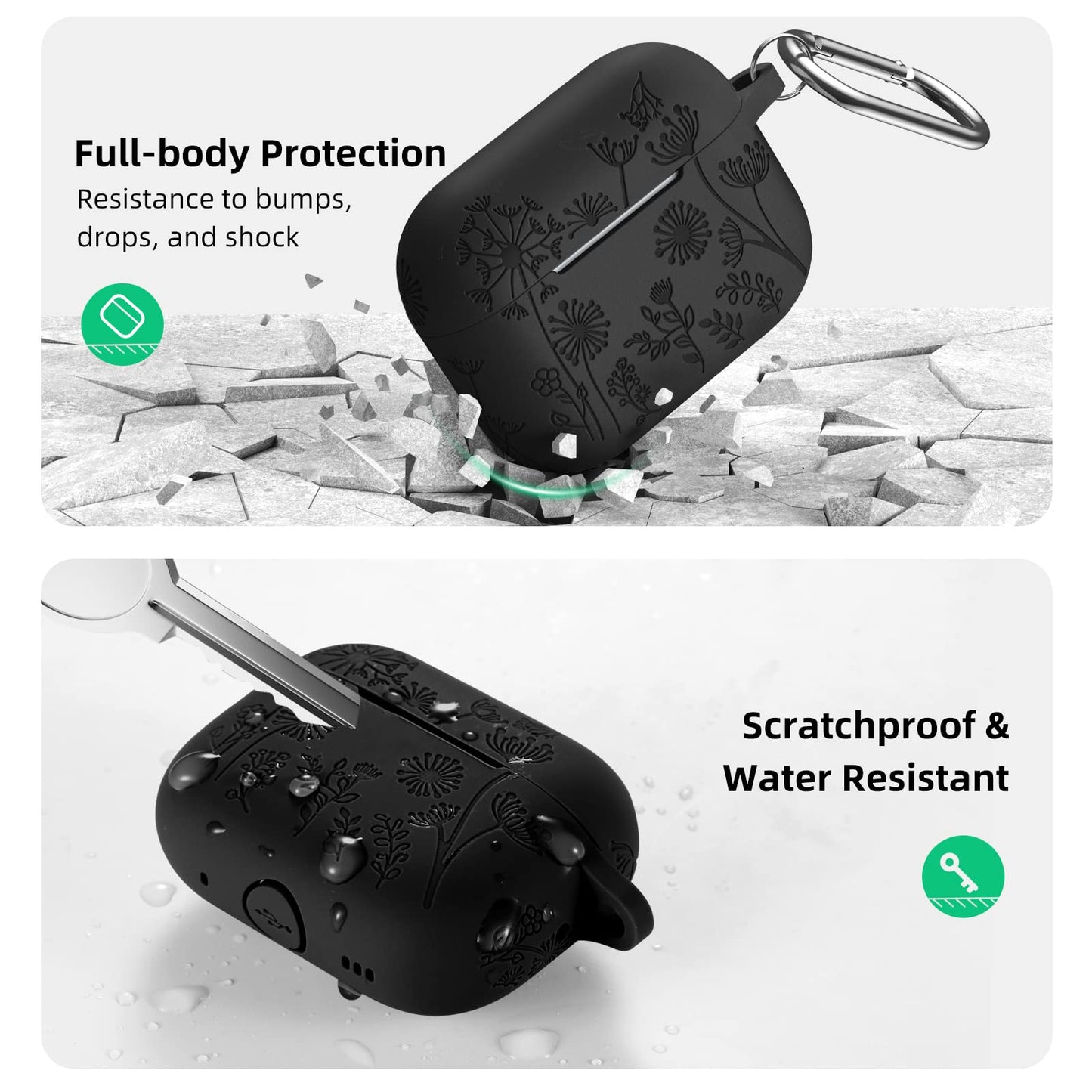 Lerobo Capa Gravada Silicone para AirPods Pro 2ª/1ª Geração com Mosquetão (Preto)