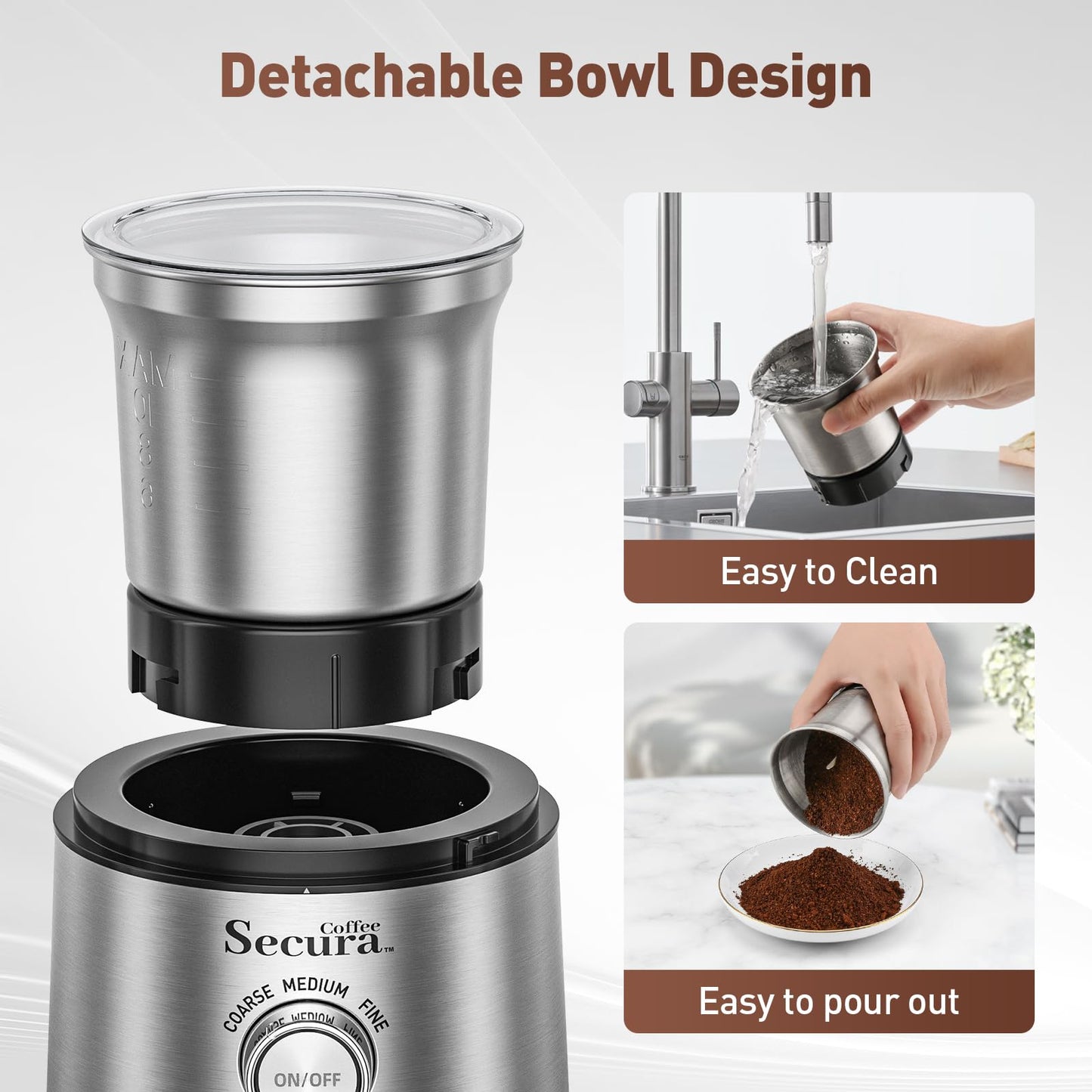 Secura Moedor Elétrico de Café e Temperos com Ajustes e Lâminas Inox