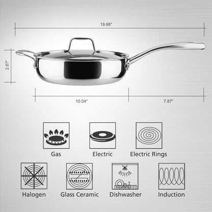 Duxtop Panela Sauté Tri-Ply Inox com Tampa, 3 Qt, Compatível com Indução