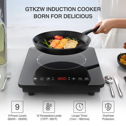 GTKZW Cooktop de Indução Portátil 1800W com 9 Níveis de Potência (Preto)