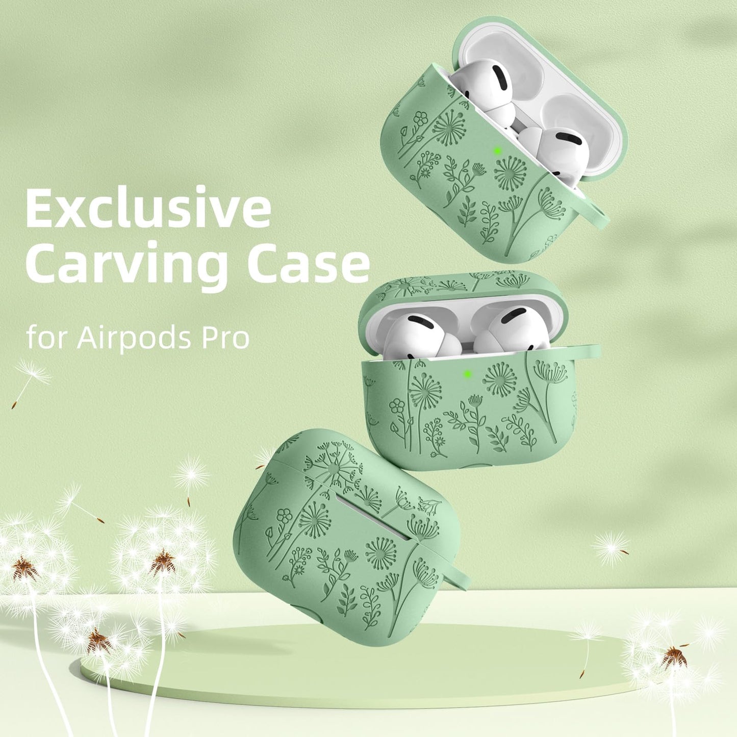 Lerobo Capa Floral Silicone para AirPods Pro 2ª/1ª Geração com Mosquetão (Verde Grama)