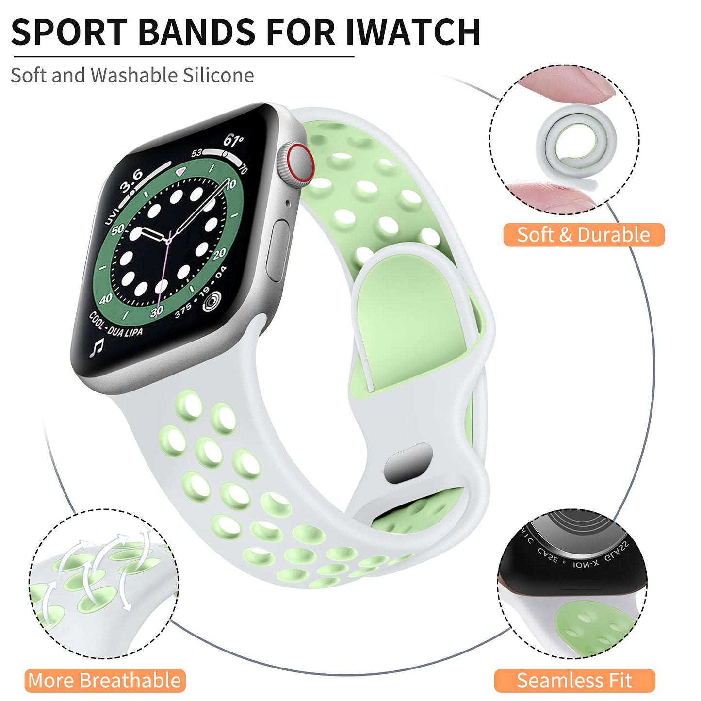 Lerobo Pulseira Esportiva de Silicone para Apple Watch, 38-49mm (branco e Verde)
