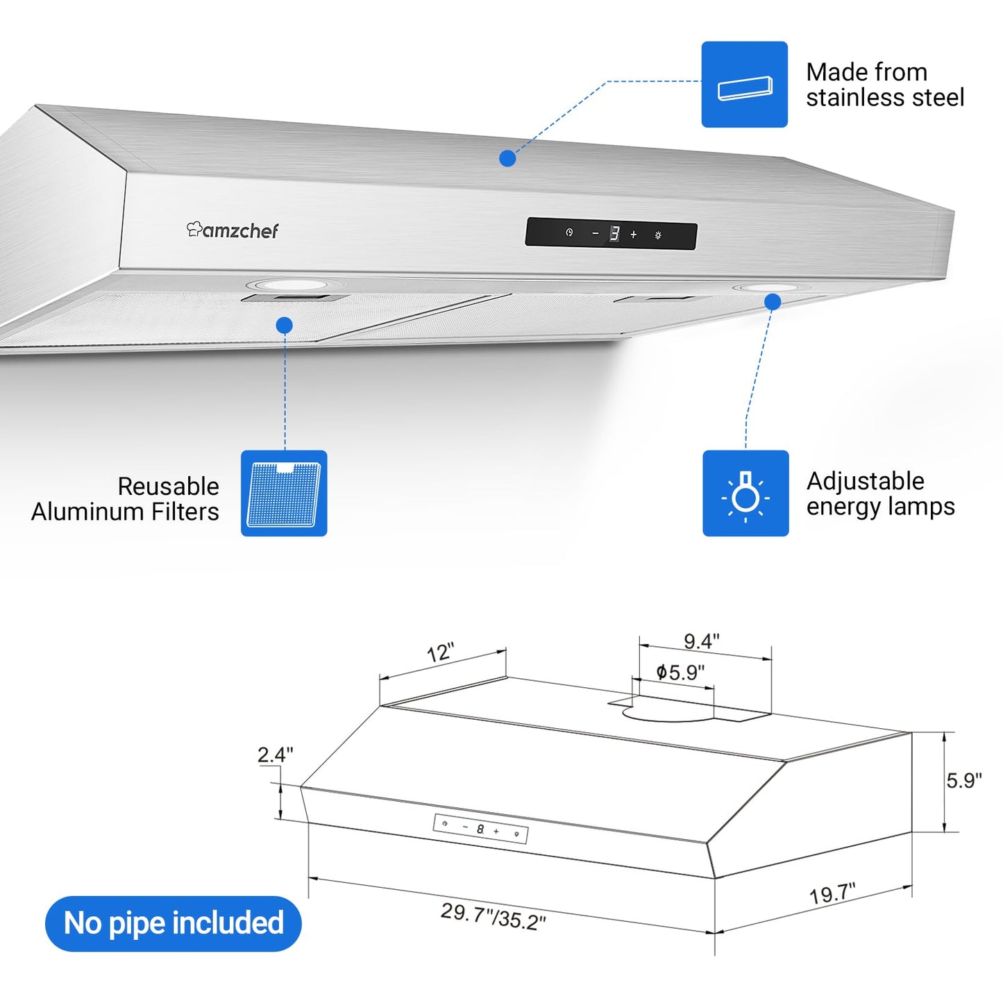 Coifa AMZCHEF de Embutir 30" com 900 CFM e Ventilador de 9 Velocidades (Inox)
