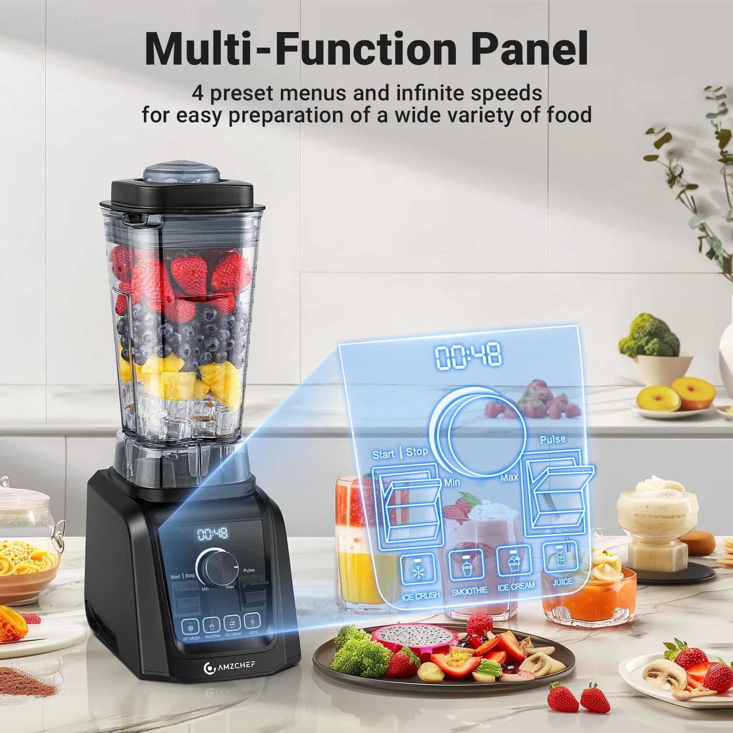 Amzchef Liquidificador 1200W com 4 Menus e Velocidade Variável (Preto)