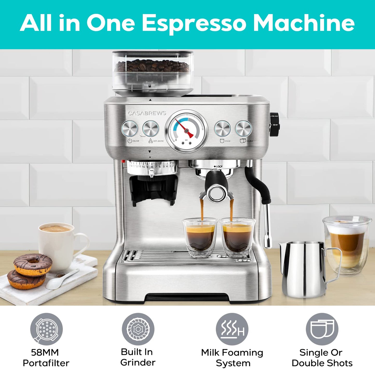 CASABREWS Máquina de Espresso com Moedor e Vaporizador de Leite (Prata)