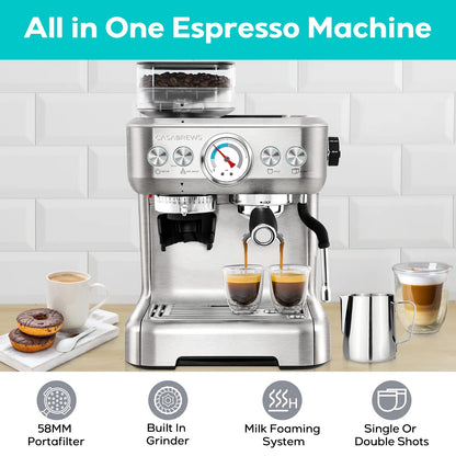 CASABREWS Máquina de Espresso com Moedor e Vaporizador de Leite (Prata)