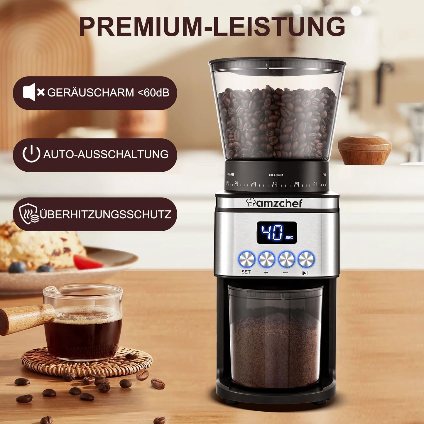 Moedor de Café AMZCHEF com 30 Ajustes de Precisão e Display Digital (Prata)