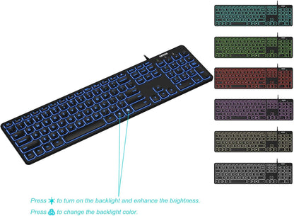 Arteck Teclado com fio USB Universal retroiluminado 7 cores