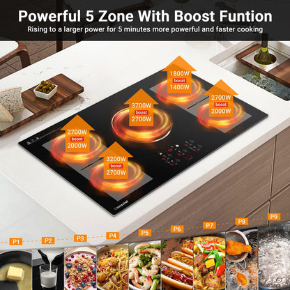 Cooktop AMZCHEF Indução 36" Embutido, 10800W, 5 Zonas e Função Boost