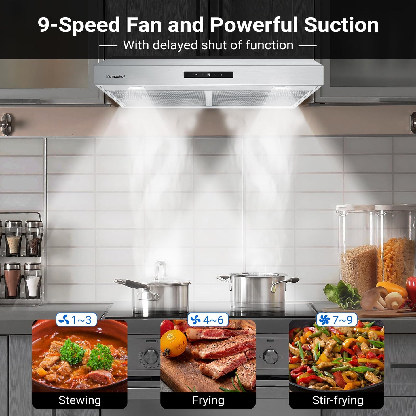 Coifa AMZCHEF de Embutir 30" com 900 CFM e Ventilador de 9 Velocidades (Inox)