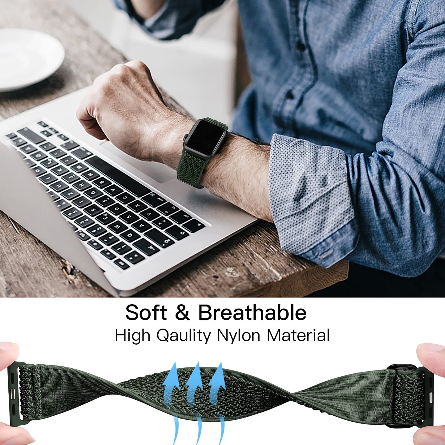 Lerobo Pulseira Elástica Nylon Compatível com Apple Watch 38mm-49mm (Verde)