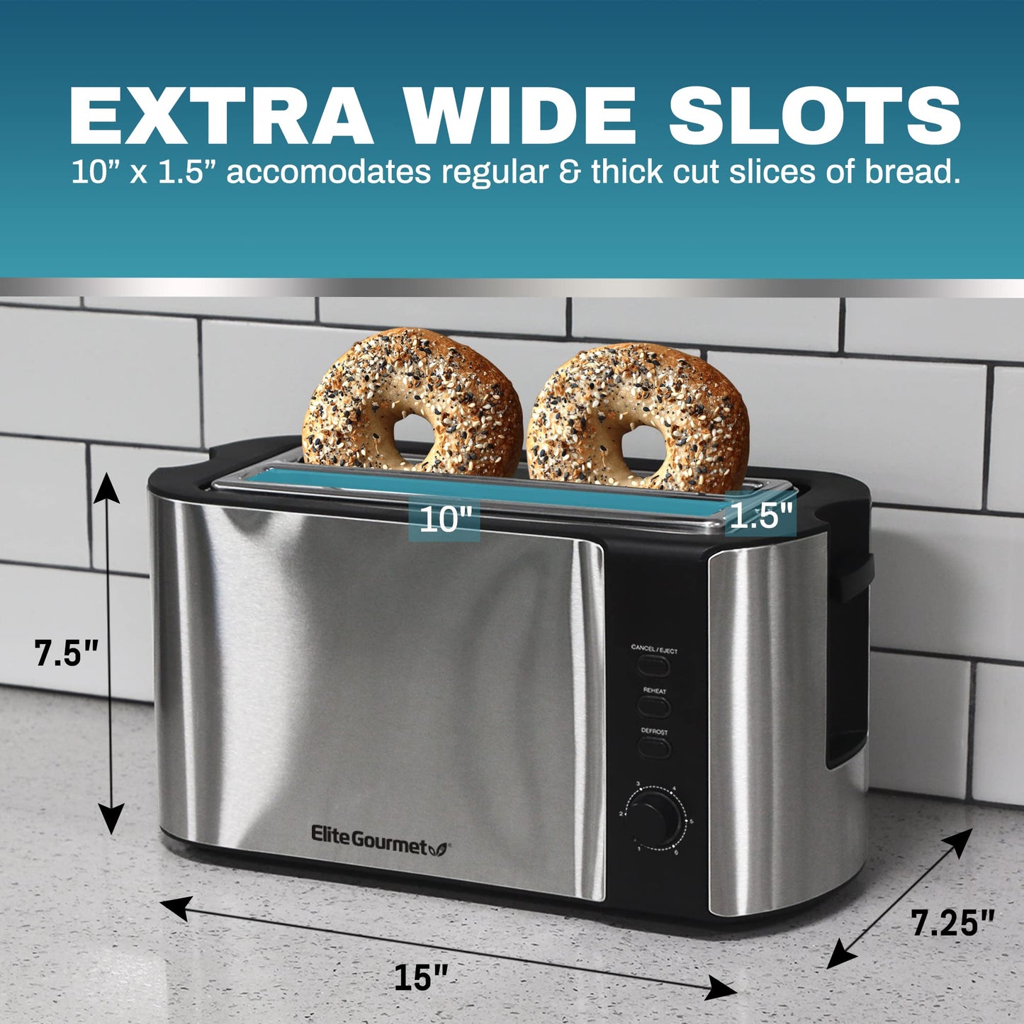 Elite Gourmet ECT-3100 Torradeira 4 Fatias Slots Largos Preto/Inox