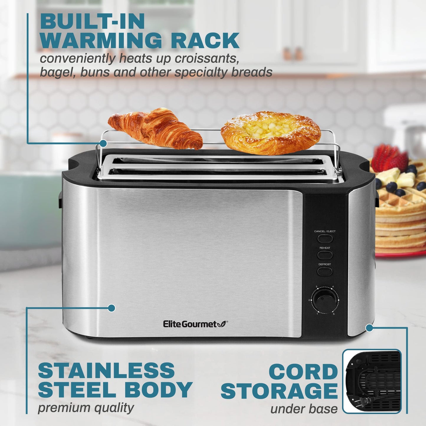 Elite Gourmet ECT-3100 Torradeira 4 Fatias Slots Largos Preto/Inox