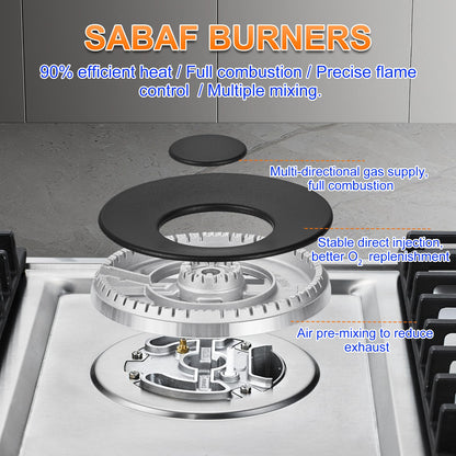 Cooktop a Gás AMZCHEF 36" com 5 Bocas SABAF, Conversível NG/LPG (Inox)