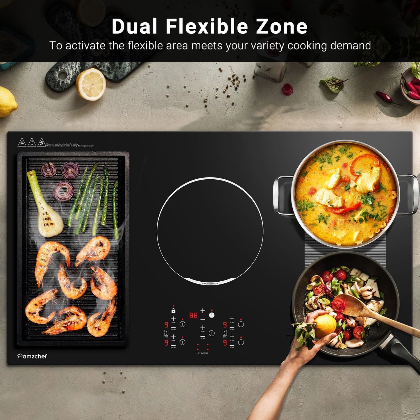Cooktop AMZCHEF Indução 36" Embutido, 10800W, 5 Zonas e Função Boost