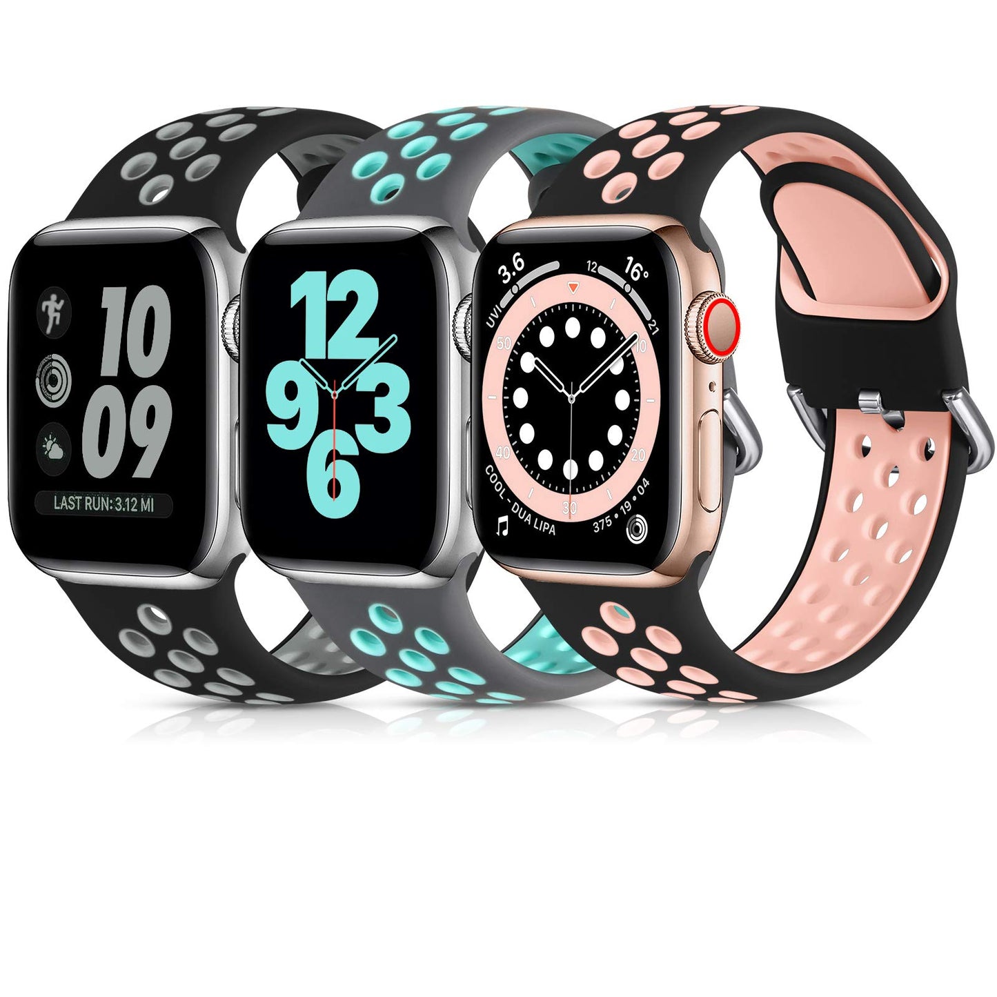 Lerobo 3 Pulseiras Silicone p/ Apple Watch 42mm-49mm  (Preto e Cinza/Ciza e verde/preto e Rosa)